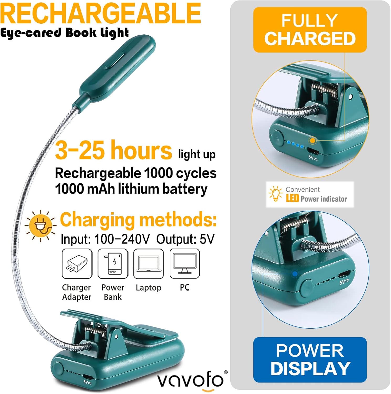 Vavofo Rechargeable Book Light for Reading in Bed Kids, 7 LED Reading Light with 9-Level Warm Cool White Daylight, Eye comfort Lamp with…