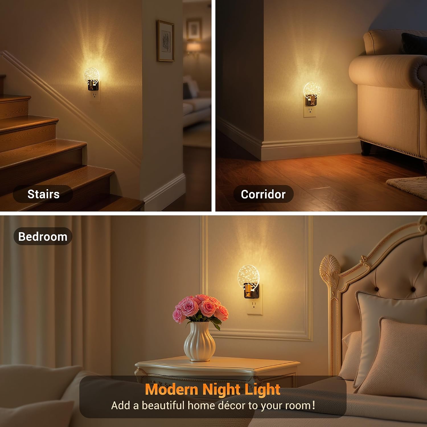 JandCase Night Light, Dimmable Night Lights Plug into Wall 2 Pack, Bubble Nightlight with Auto On/Off Light Sensor, 0-100LM LED Round…
