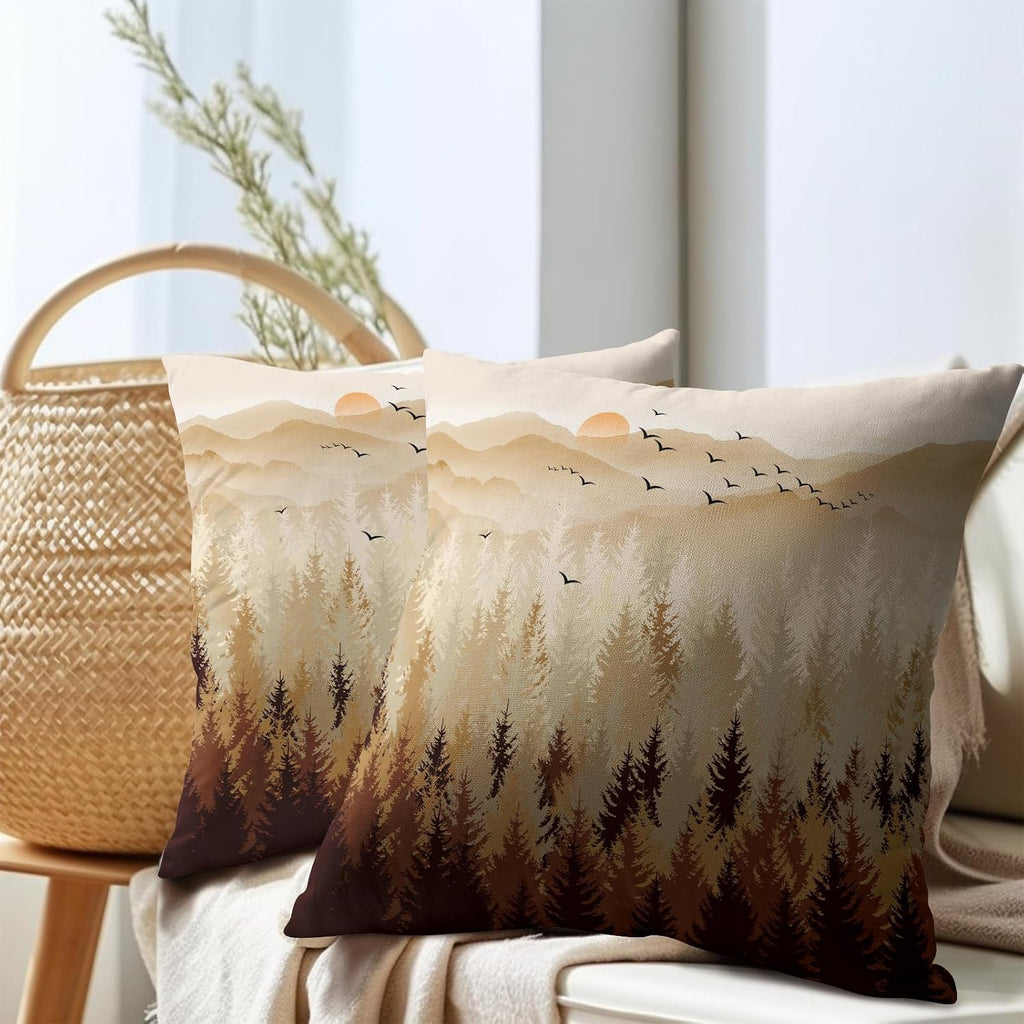 Fall Misty Forest Throw Pillow Covers 20x20 Inch Set of 2 Brown Mountain Woodland Decorative Pillow Cases Nature Pine Trees Farmhouse…