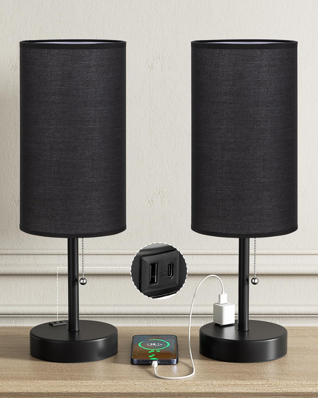 Fenmzee Large Black Bedside Lamps Set of 2-3 Color Temperatures Pull Chain Lamp with AC Outlet Charging Port, Two Round Night Stand Lamps…