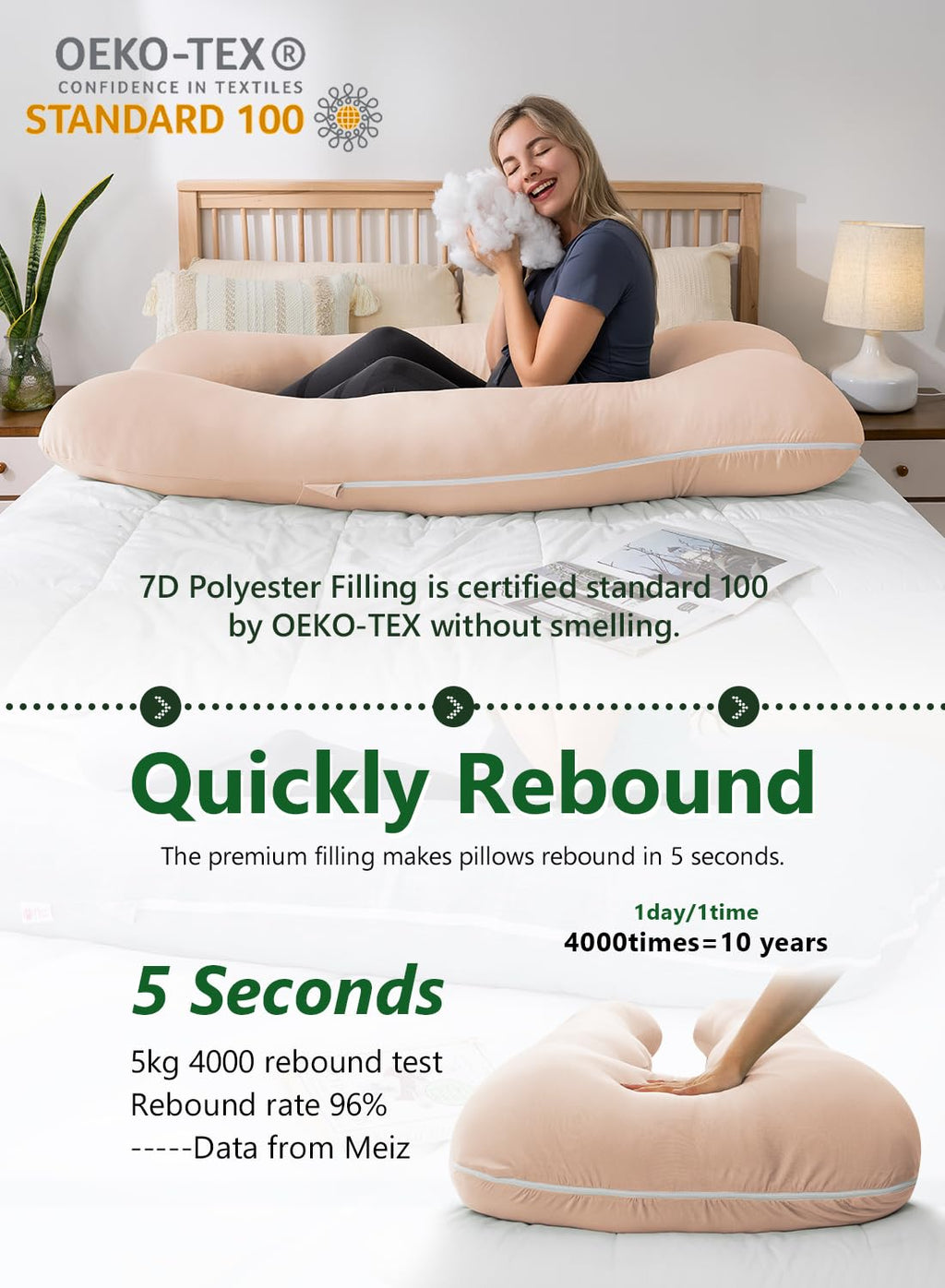 Meiz Pregnancy Pillows, Pregnancy Pillows for Sleeping Cooling, U Shaped Full Body Pillow for Adult, Rayon Cover from Bamboo, Light Apricot…