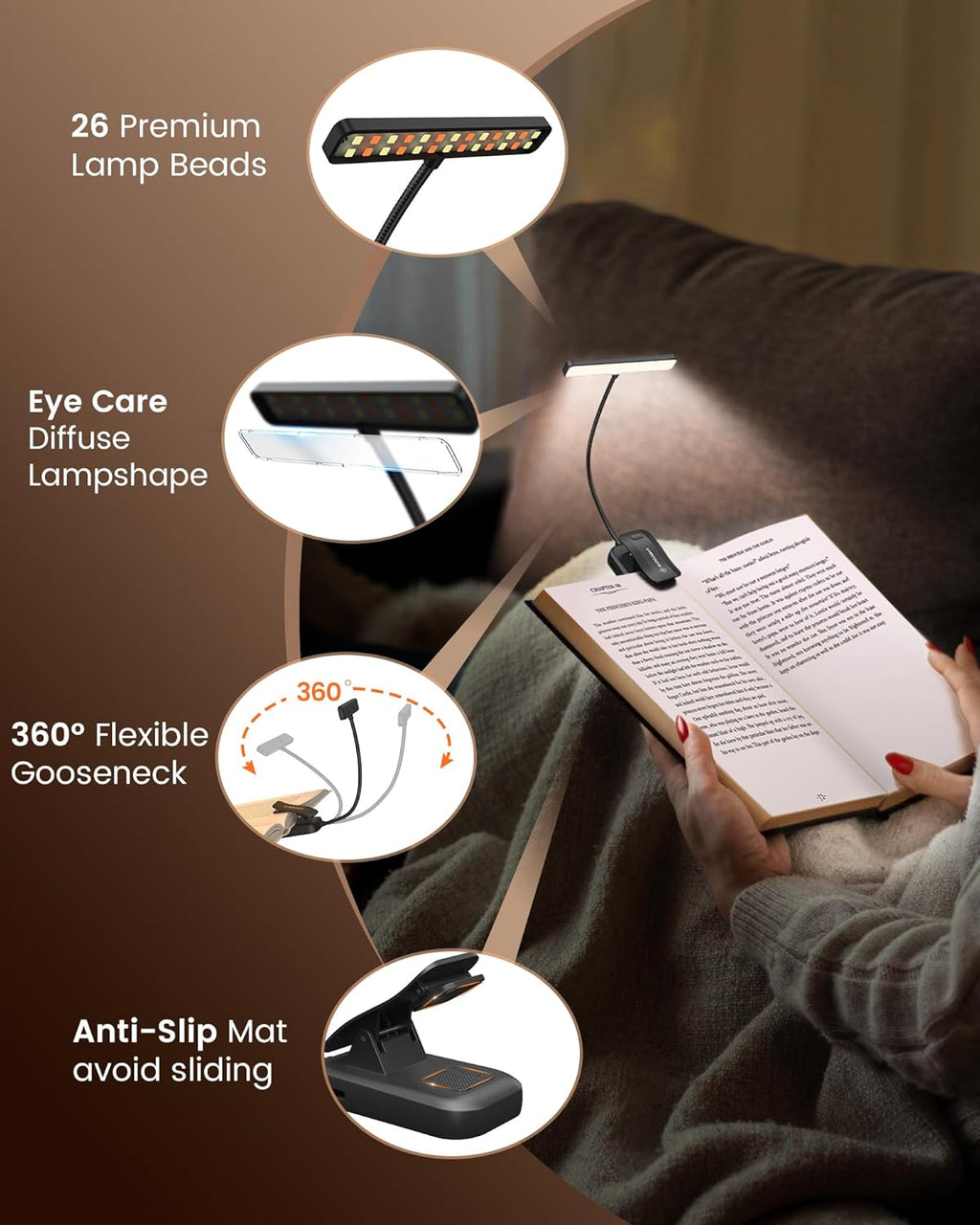 Glocusent 26 LED Rechargeable Book Light for Reading in Bed, Eye-Caring 5 Amber Colors and Stepless Dimming, Lasts 1 Week to a Months…