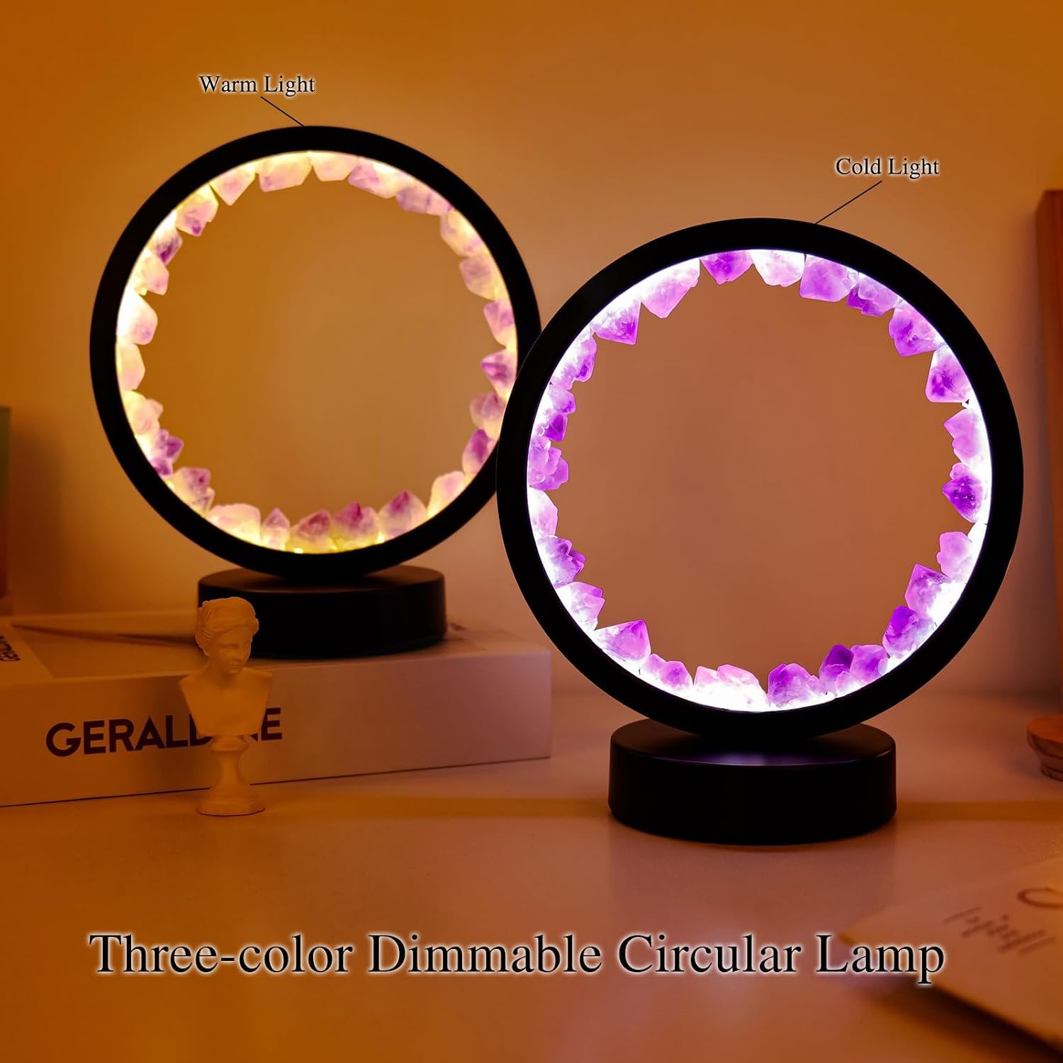 Runyangshi Amethyst Tooth Night Lamp 8.6" Natural Healing Crystal Bedside Lamp USB Port 3 Colours Dimming Mode Bedroom Lamp Suitable…