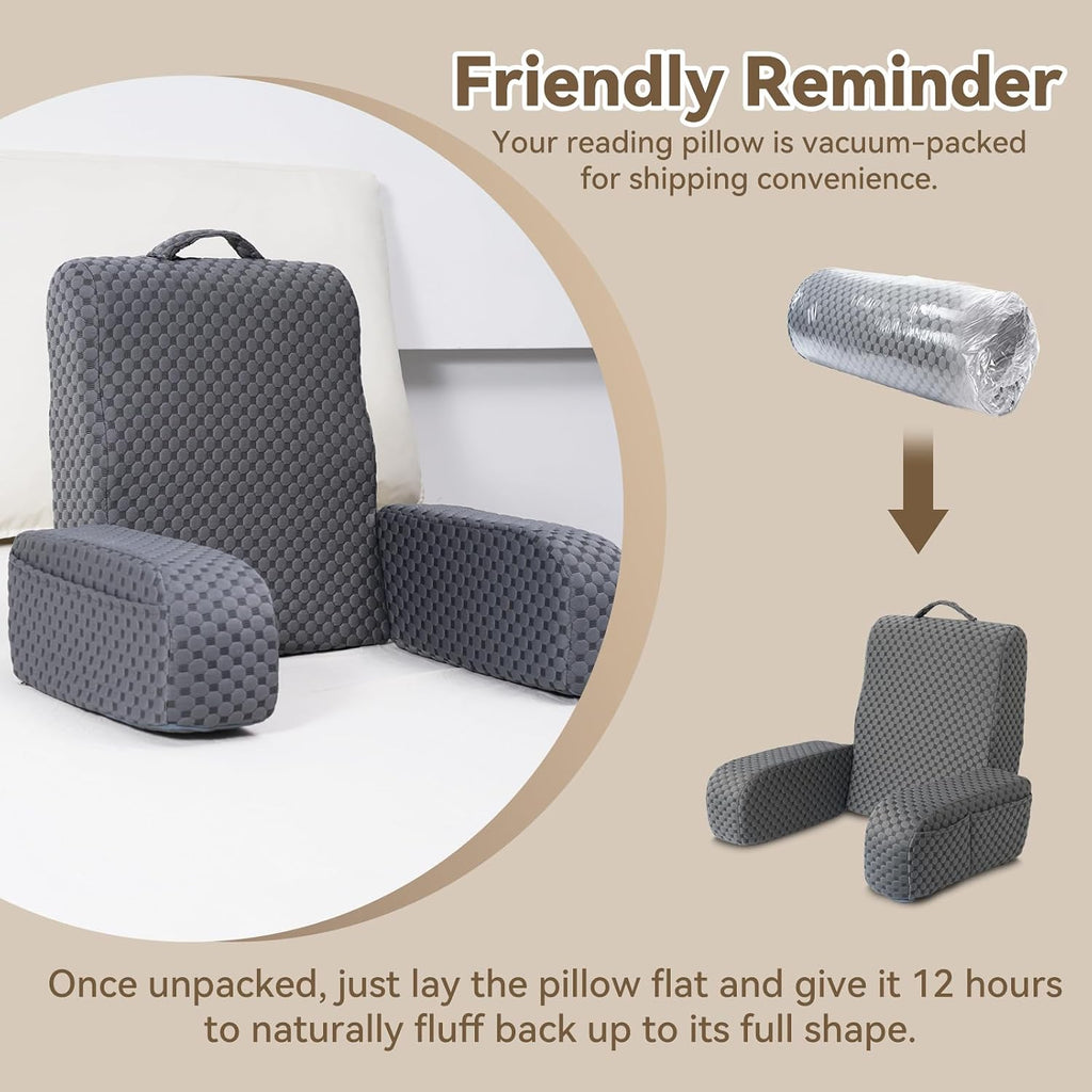 Generic Bed Reading Pillow Back Support with Arms, Removable Pillowcase for Book Working Gaming Resting Watching TV, Gray/22in Cotto…