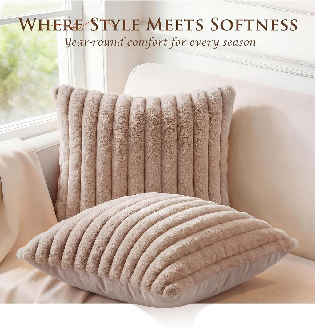 MEGAYES Pack of 2 Throw Pillow Covers 20x12 Decorative Solid Plush Faux Fur with Soft Velvet Back, Square Striped Cushion Cases Mode…