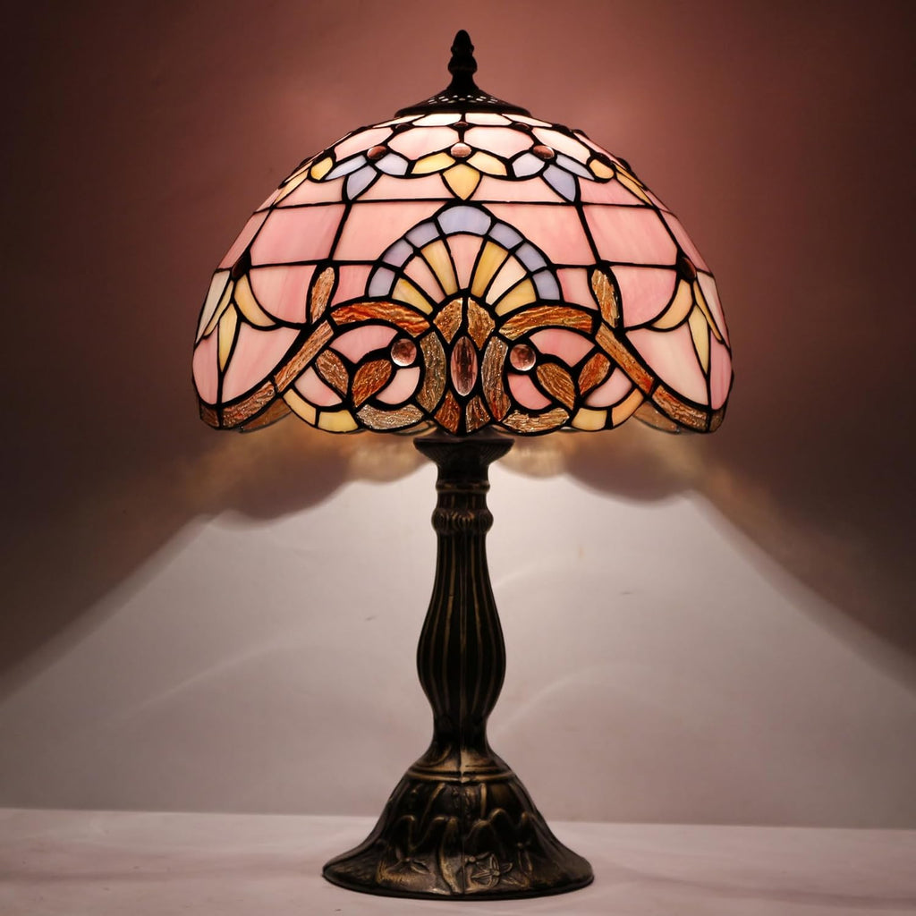 WERFACTORY Tiffany Lamp Stained Glass Table Lamp 12X12X18 Inch Pink Baroque Style Lavender Bedside Reading Desk Light Decor Bedroom…