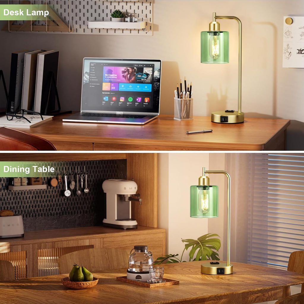 Innqoo Industrial Green Table Lamps for Bedrooms Set of 2-3-Way Dimmable Desk Lamp with USB C+A Ports and Outlet, Gold Lamps with Green…
