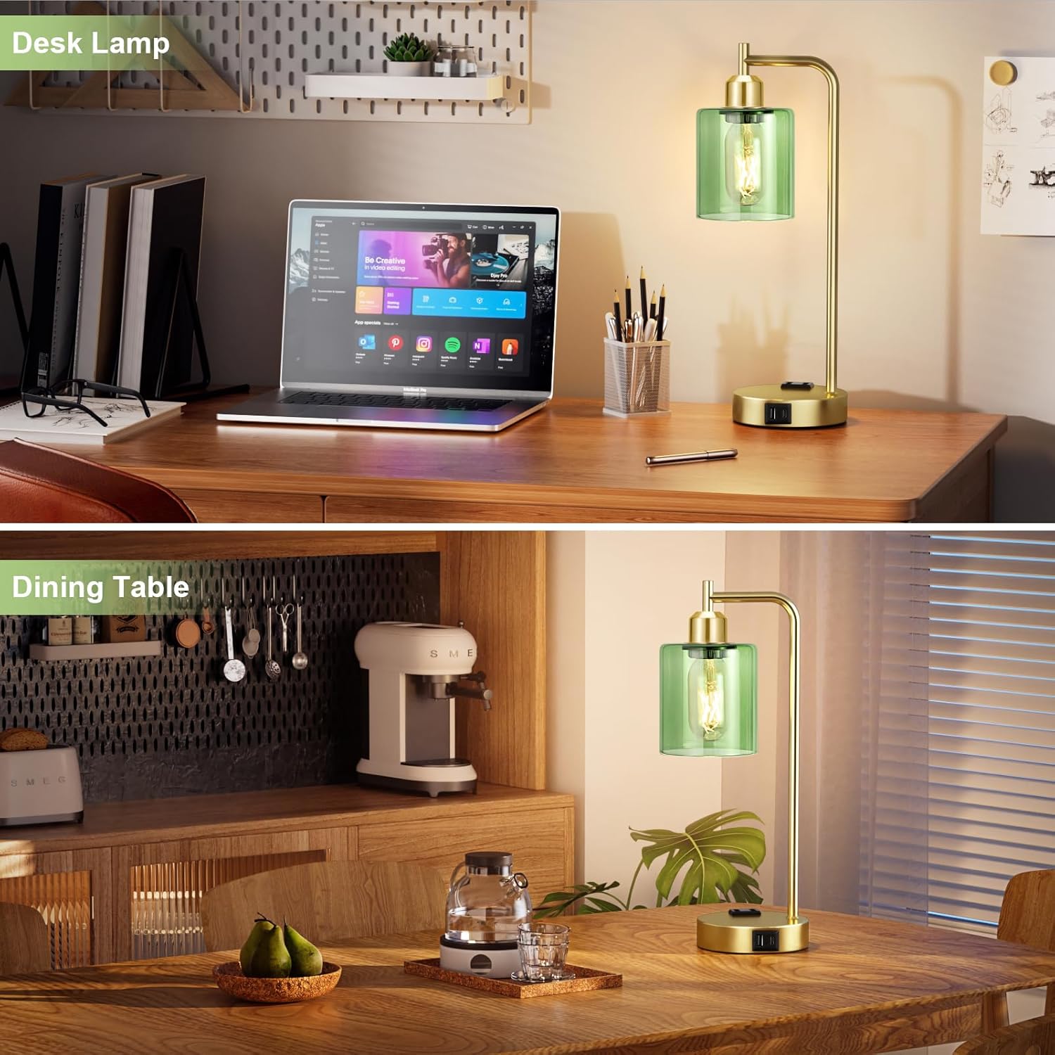 Innqoo Industrial Green Table Lamps for Bedrooms Set of 2-3-Way Dimmable Desk Lamp with USB C+A Ports and Outlet, Gold Lamps with Green…