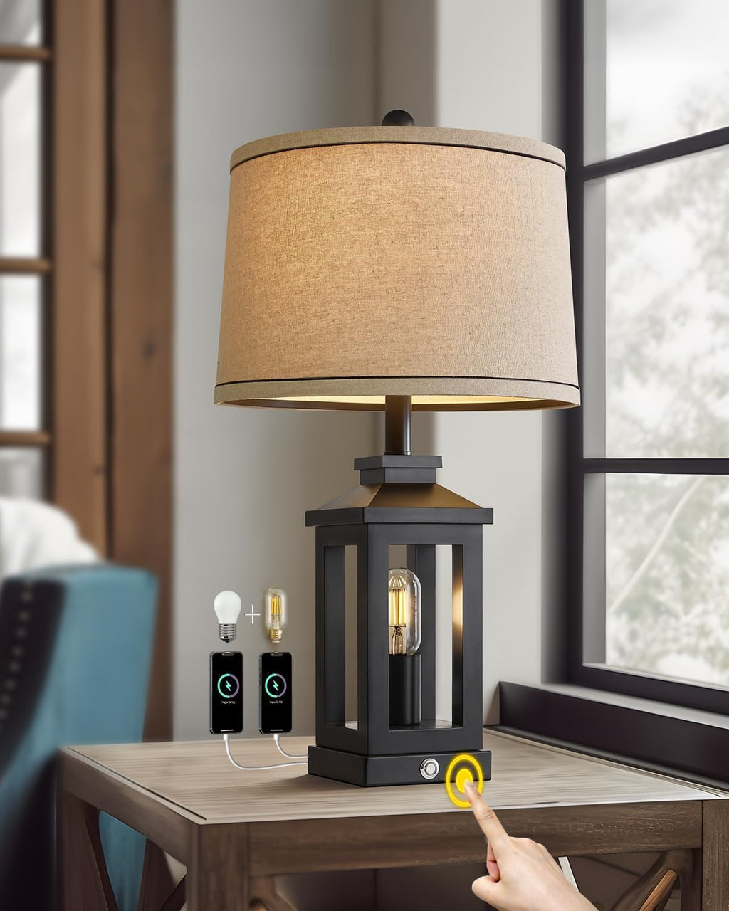 G-SAFAVA 23.75" Retro Farmhouse Black Table Lamp for Living Room Bedroom Nightstand Single Pack Touch Control Bedside Nightlight Vintage…