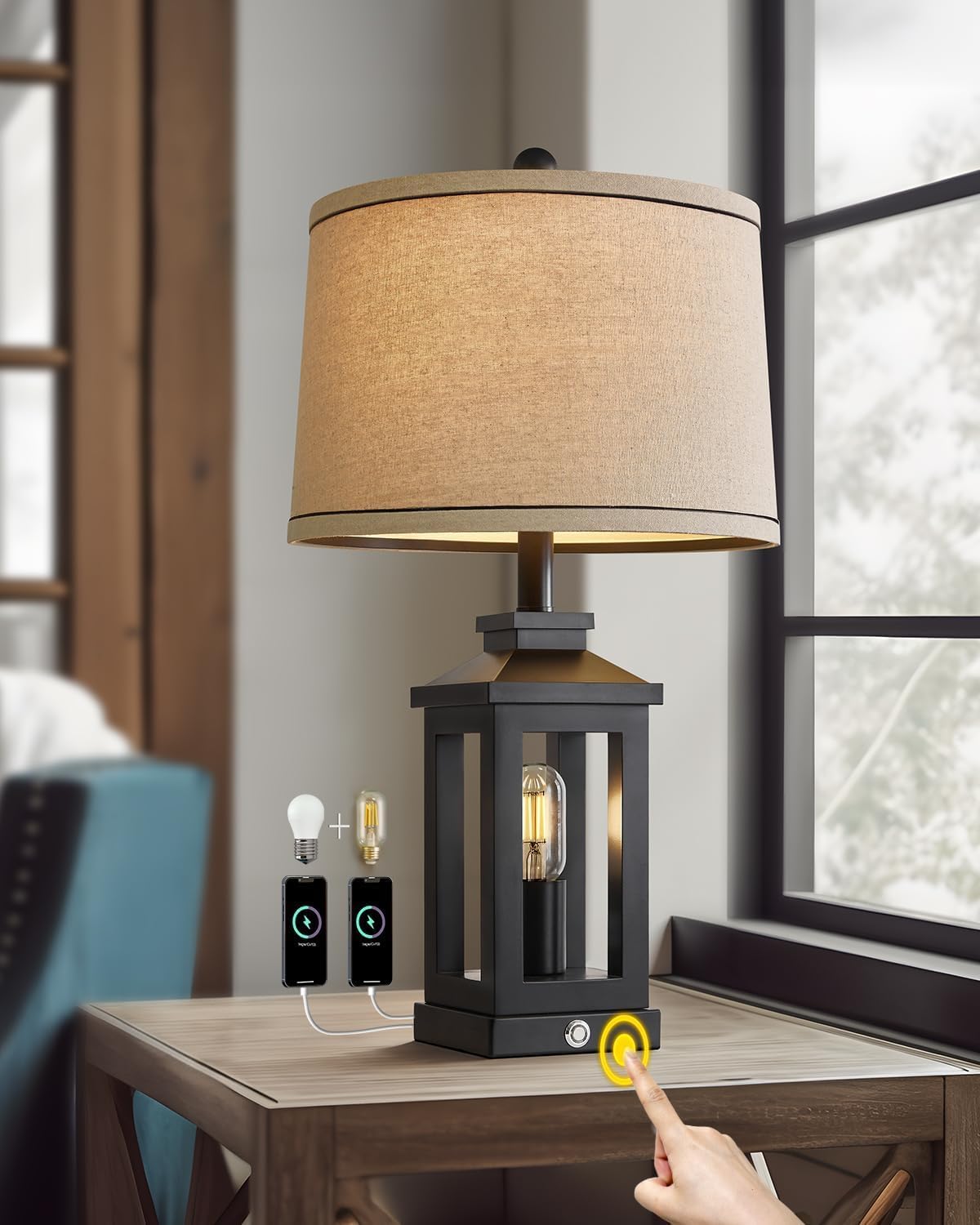 G-SAFAVA 23.75" Retro Farmhouse Black Table Lamp for Living Room Bedroom Nightstand Single Pack Touch Control Bedside Nightlight Vintage…