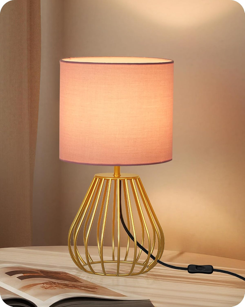 Pink and Gold Table Lamp, Small Bedside Lamp with Metal Base & Pink Linen Lampshade, Modern Nightstand Lamp, Little Cute Desk Lamp for…