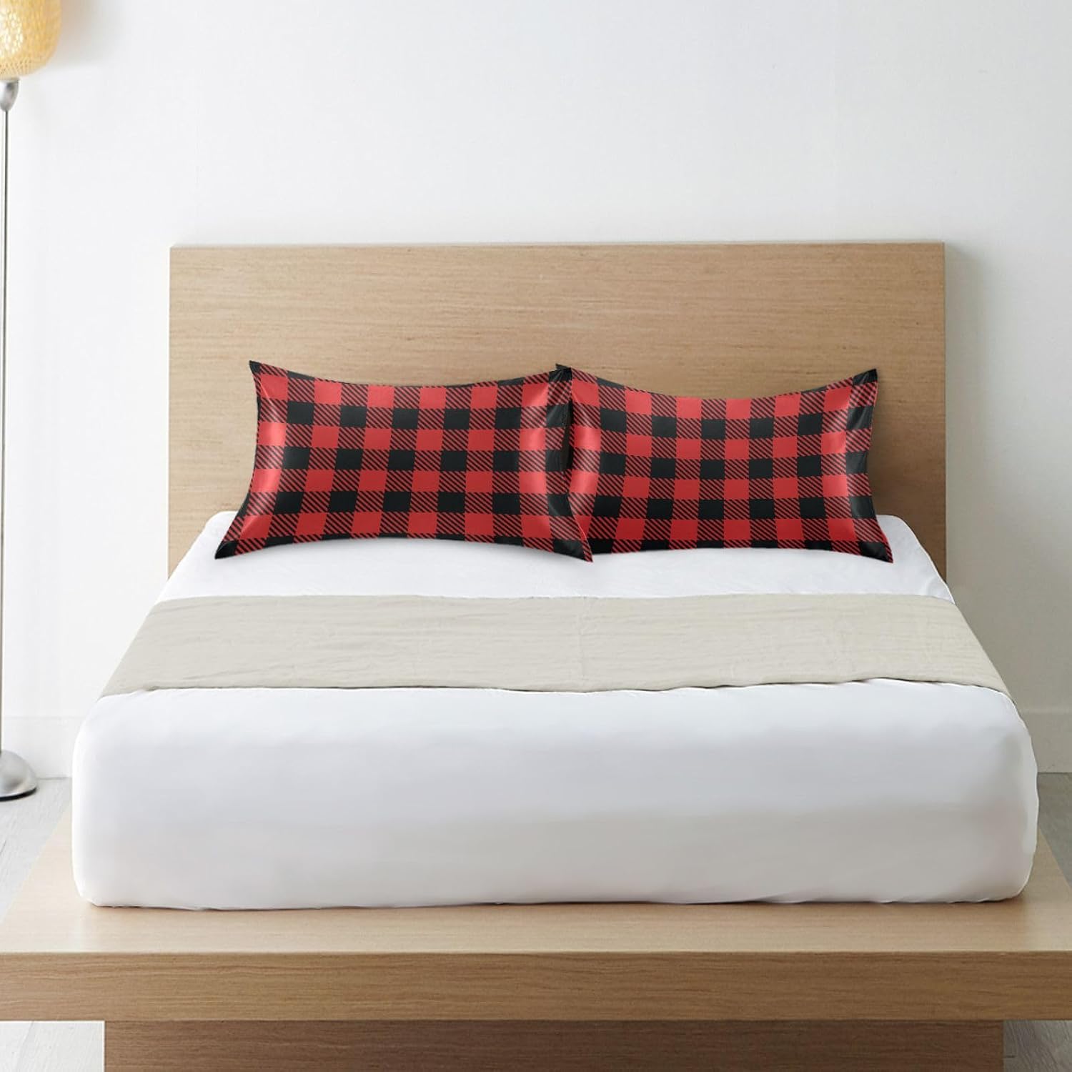 Plaid Red Print Pillow Covers Silk Pillowcase for Hair and Skin Soft Smooth Cooling Satin Pillowcase King Size Pillow Case for Bedroom…
