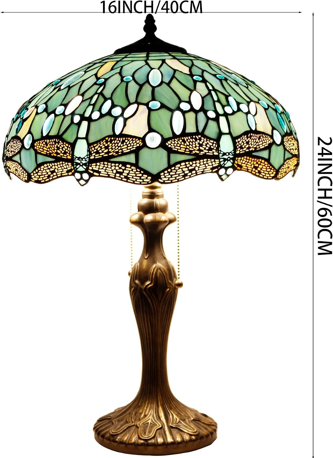 WERFACTORY Tiffany Lamp Sea Blue Stained Glass Bedside Table Lamp Dragonfly Style Desk Reading Light Metal Base 16X16X24 Inches Decor…
