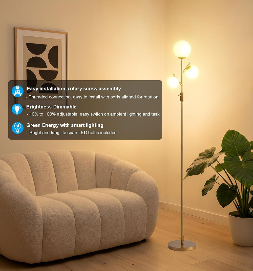 Fiqevs Mid Century Modern 3 Globe Tree Floor Lamp - Dimmable LED Standing Lamp with Bulbs, Warm Light for Living Room Bedroom Office…
