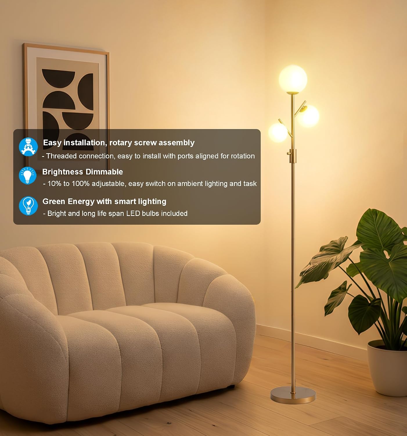 Fiqevs Mid Century Modern 3 Globe Tree Floor Lamp - Dimmable LED Standing Lamp with Bulbs, Warm Light for Living Room Bedroom Office…