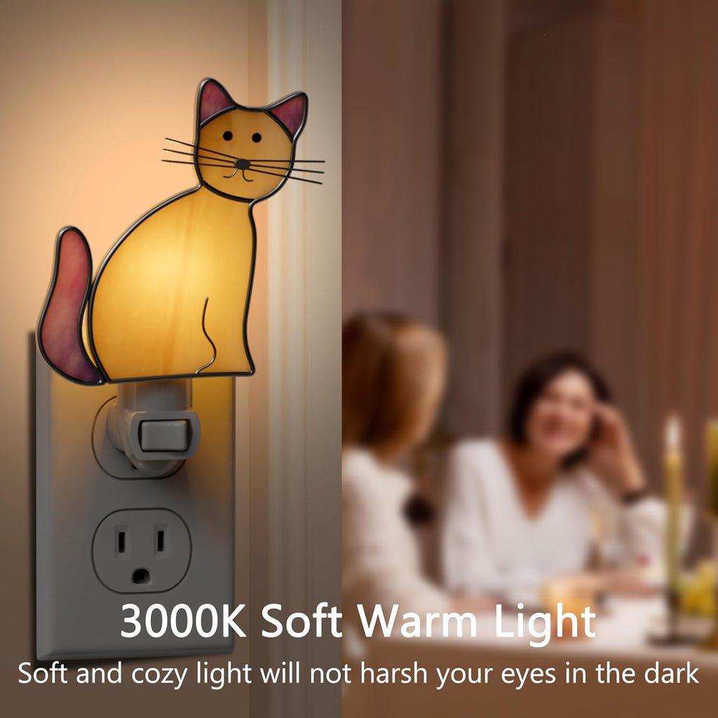 KY&BOSAM Stained Glass Cat Night Lights Plug into Wall 1-Pack 7W Plug in Night Light Dusk to Dawn 3000K Warm White Bright Nightlight…