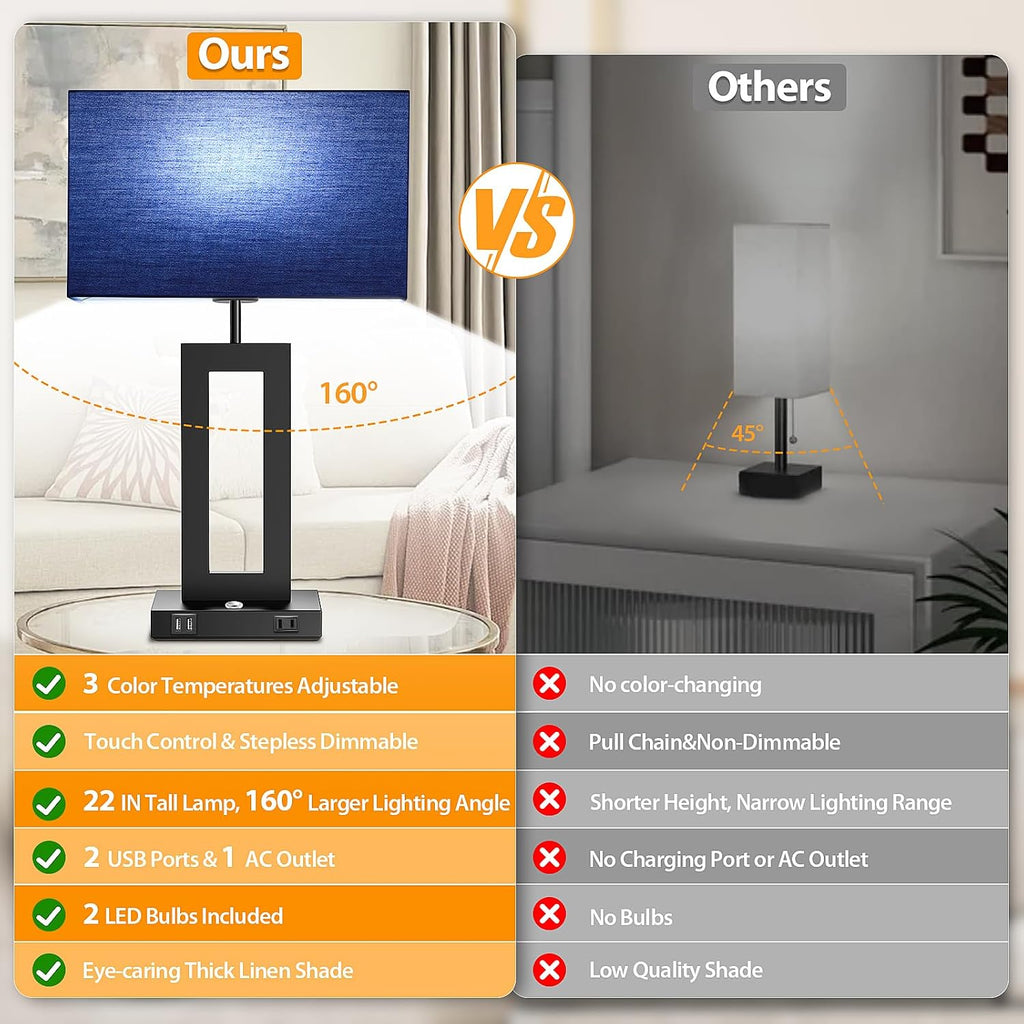 3 Color Temperatures Table Lamps for Bedrooms Set of 2, 22’’ Touch Control Bedside Nightstand Lamps with 2 USB Ports & AC Outlet…
