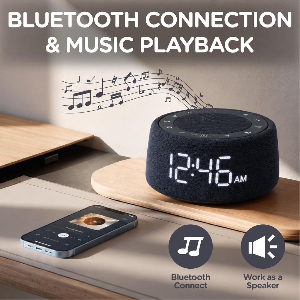 White Noise Sound Machine Alarm Clock with Bluetooth Speaker,18 Soothing Sounds, Ambient Light Ring, Adjustable Alarm Volume, USB…