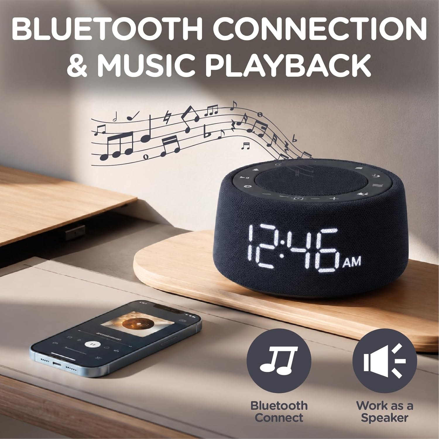 White Noise Sound Machine Alarm Clock with Bluetooth Speaker,18 Soothing Sounds, Ambient Light Ring, Adjustable Alarm Volume, USB…