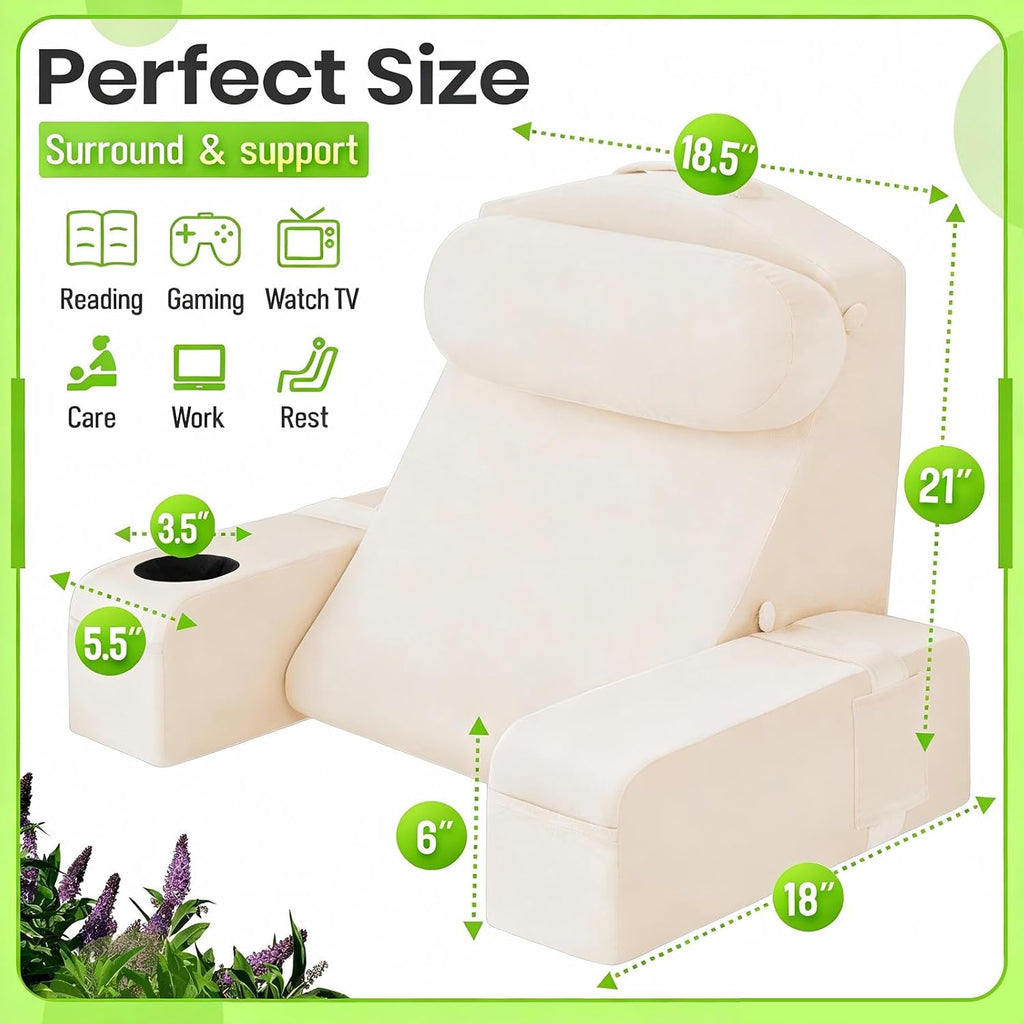 Asawesling Reading Pillow for Adults, Back Pillow for Bed Sitting Up, Backrest Pillow for Sitting in Bed, Detachable Arms with Built-in Cup…