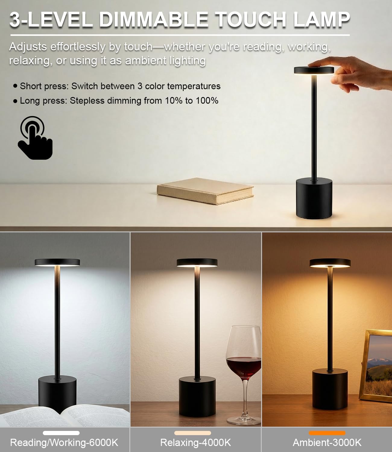 Swinerton Black Cordless Table Lamp, Rechargeable 5000mAh Battery Powered Wireless Table Light, 3 Color Dimmable Lighting, Patio Outdoor…