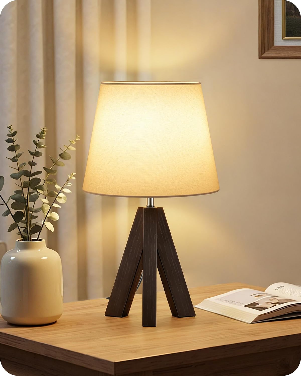 Tripod Table Lamp, 14.6" Small Bedside Table Lamp, Modern Nightstand Lamp with White Linen Shade & Dark Walnut Base, Boho Desk Lamp for…