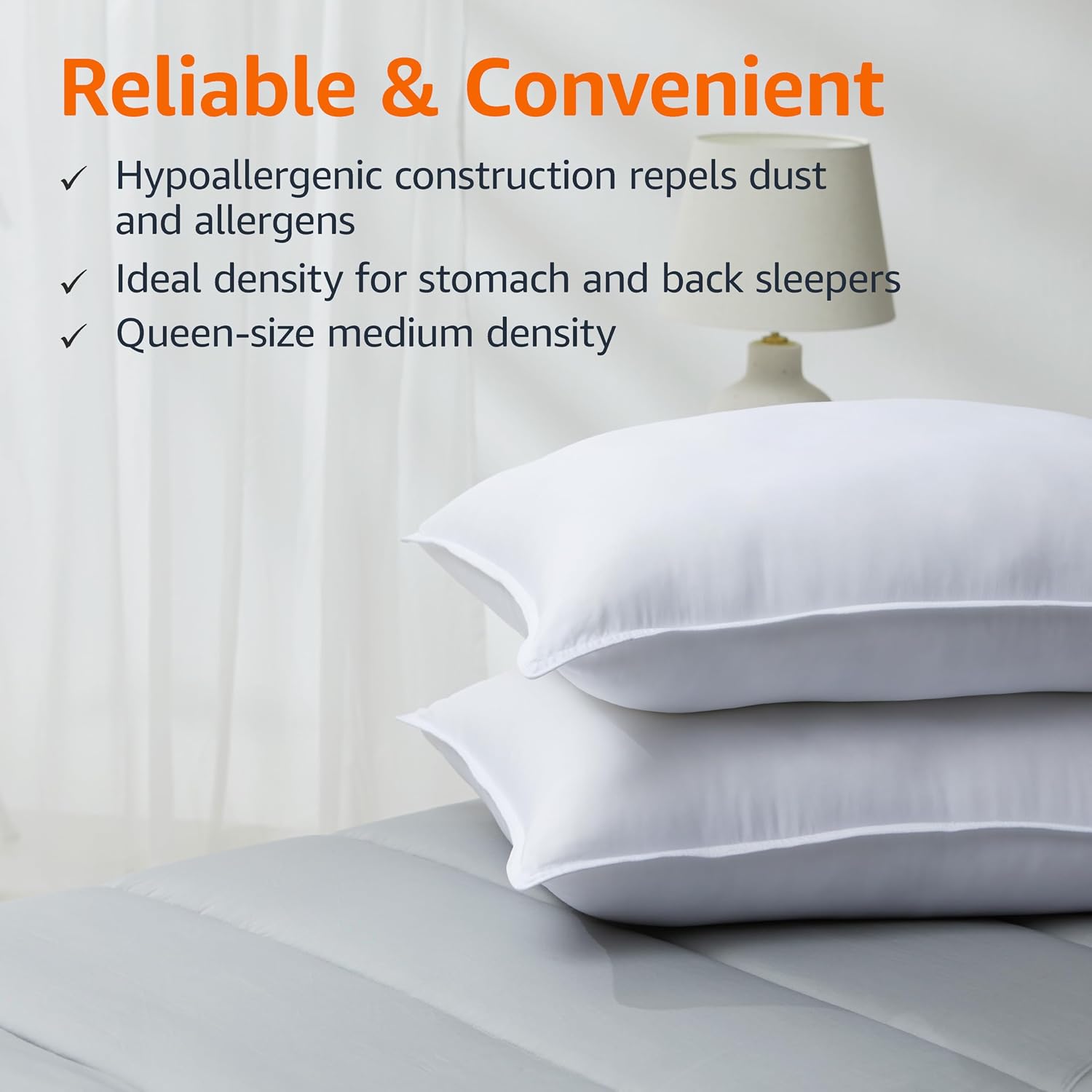 Amazon Basics Down Alternative Bed Pillow, Medium Density for Back and Side Sleepers, Queen - Pack of 2, White, 30 in L x 20 in W