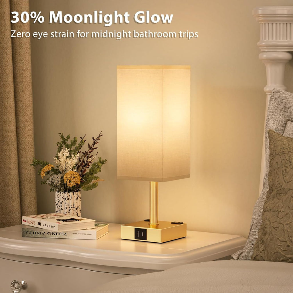aooshine Gold Base Touch Lamps Set of 2 - Nightstand Lamp with USB-C + A Charge Ports & AC Outlets, 3-Way Dimmable Bedside Lamp, Small…