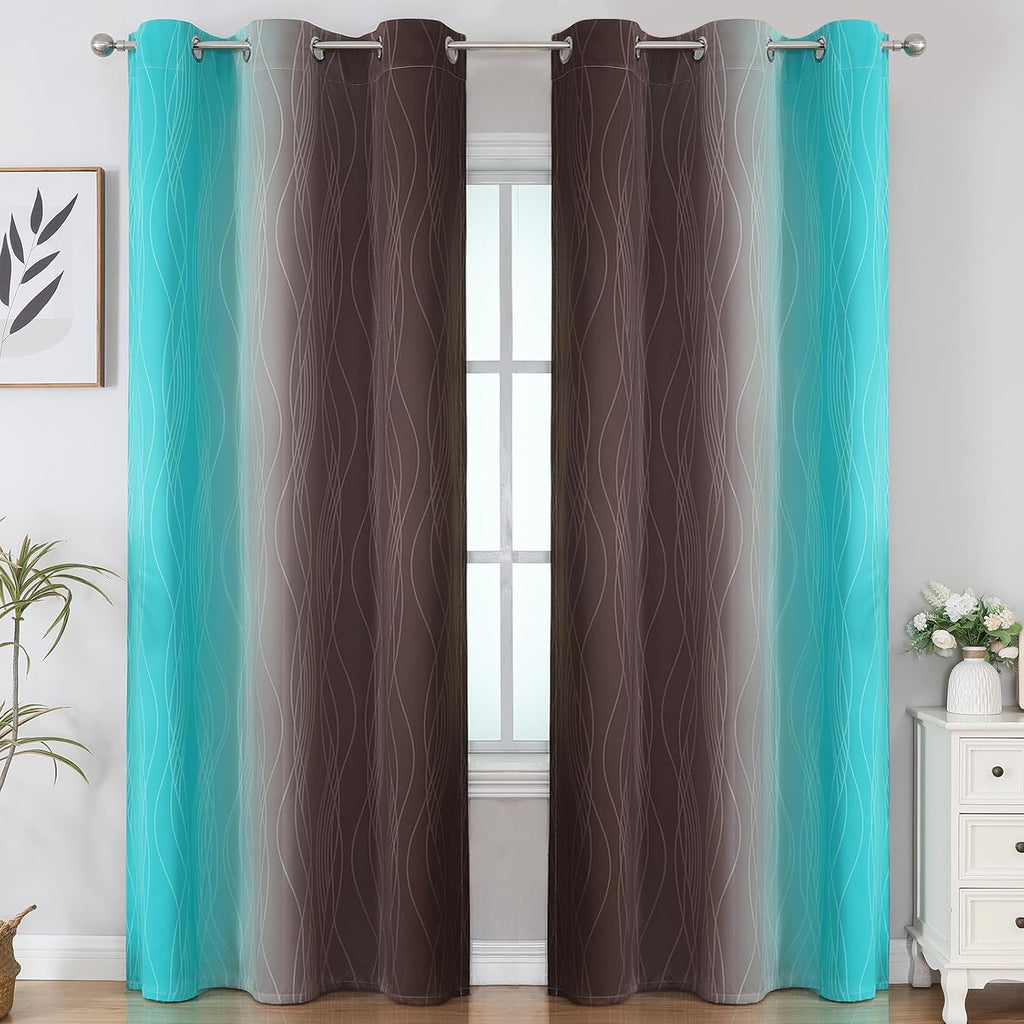 Estelartextiler Estelar Textiler Brown and Teal Room Darkening Blackout Curtains 84 Inch Length 2 Panels Set for Living Room, Thermal Insul…