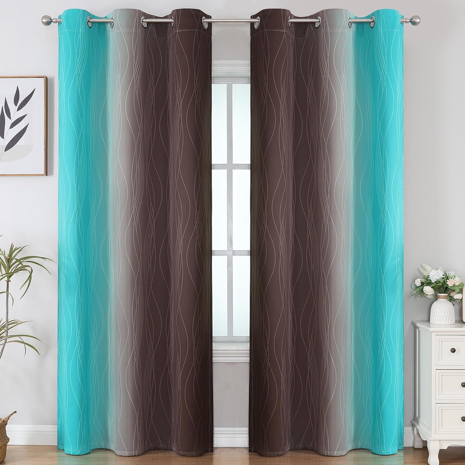 Estelartextiler Estelar Textiler Brown and Teal Room Darkening Blackout Curtains 84 Inch Length 2 Panels Set for Living Room, Thermal Insul…