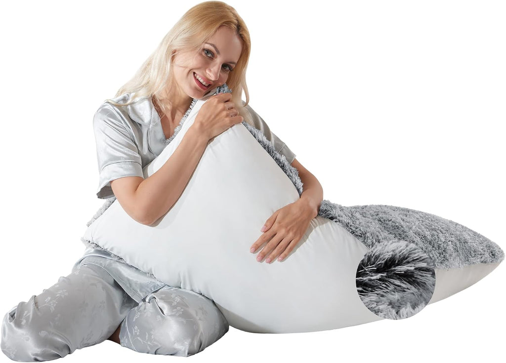 Wsofrlac Fluffy Silk Full Body Pillow for Adults 20x54 Satin Body Pillow Cover Pillowcase with Memory Foam for Bed Grey Pregnancy Cuddle Sn…