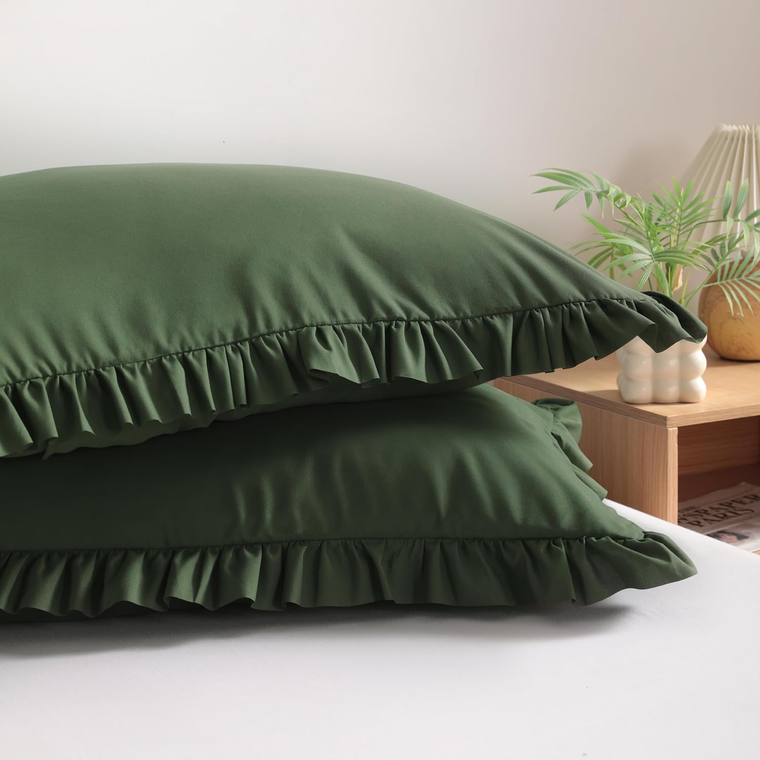 Bedsum Ruffled Pillow Shams King 20x36 Set of 2, Brushed Microfiber Pillowcases with Envelope Closure, Soft Wrinkle-Resistant, Olive Green…