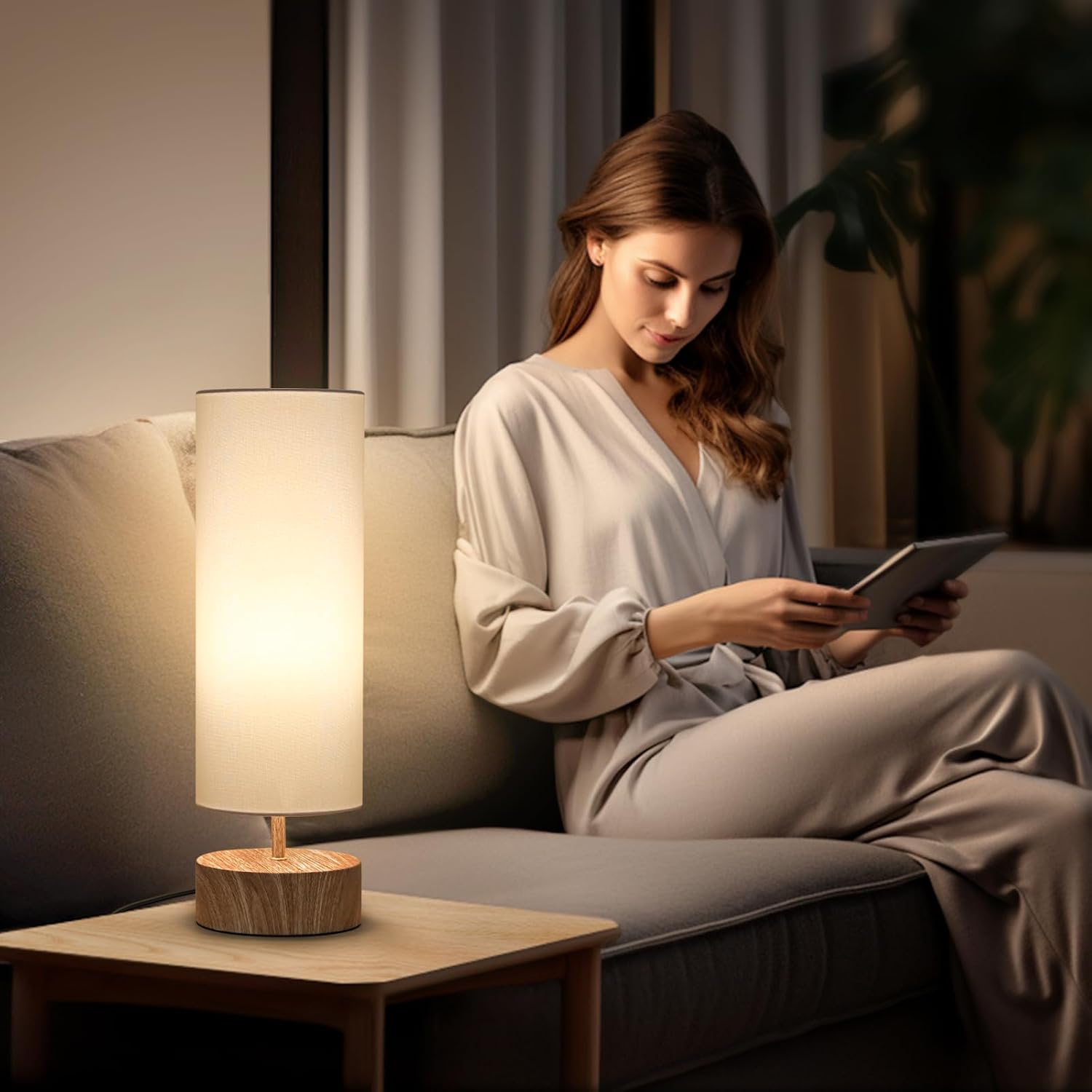 Touch Table Lamp with Metal Base Covered with Wood Grain, 3 Way Dimmable Bedside Nightstand Lamp with White Shade, Simple Night Light for…