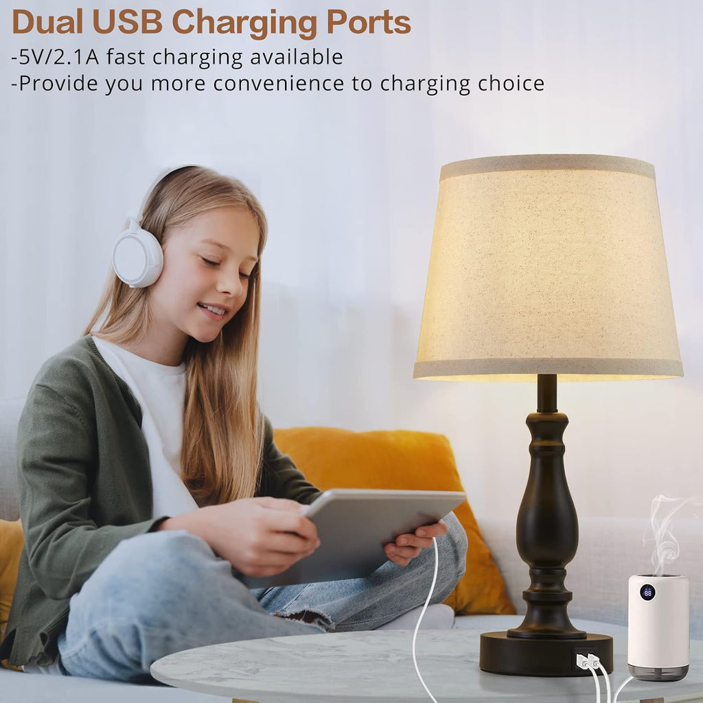 EJIAXIN Lamps for Bedroom Set of 2, Touch Bedside Table Lamp with USB C+A Ports, Dimmable Nightstand Lamps with Round Fabric Linen…
