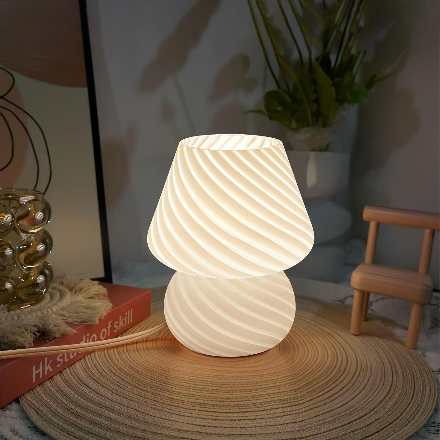 ONEWISH Mushroom Lamps Set of 2 - Small Bedside Table Lamp with Striped Glass, Nightstand Lamp for Bedroom, Living Room, Bulb…