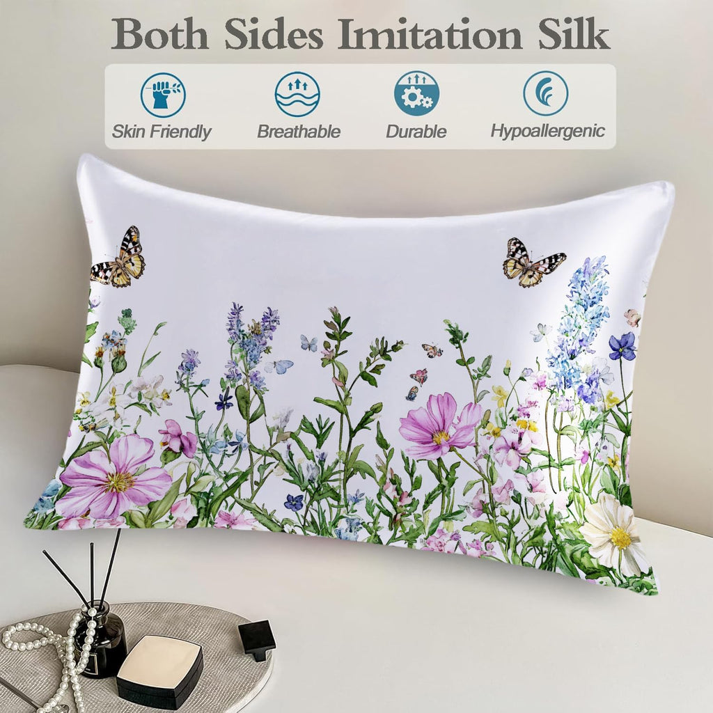 Satin Pillowcase for Hair and Skin Watercolor Wildflowers Butterfly Super Soft and Cooling Similar to Silk Pillow Case 1 Pack with Hidden…
