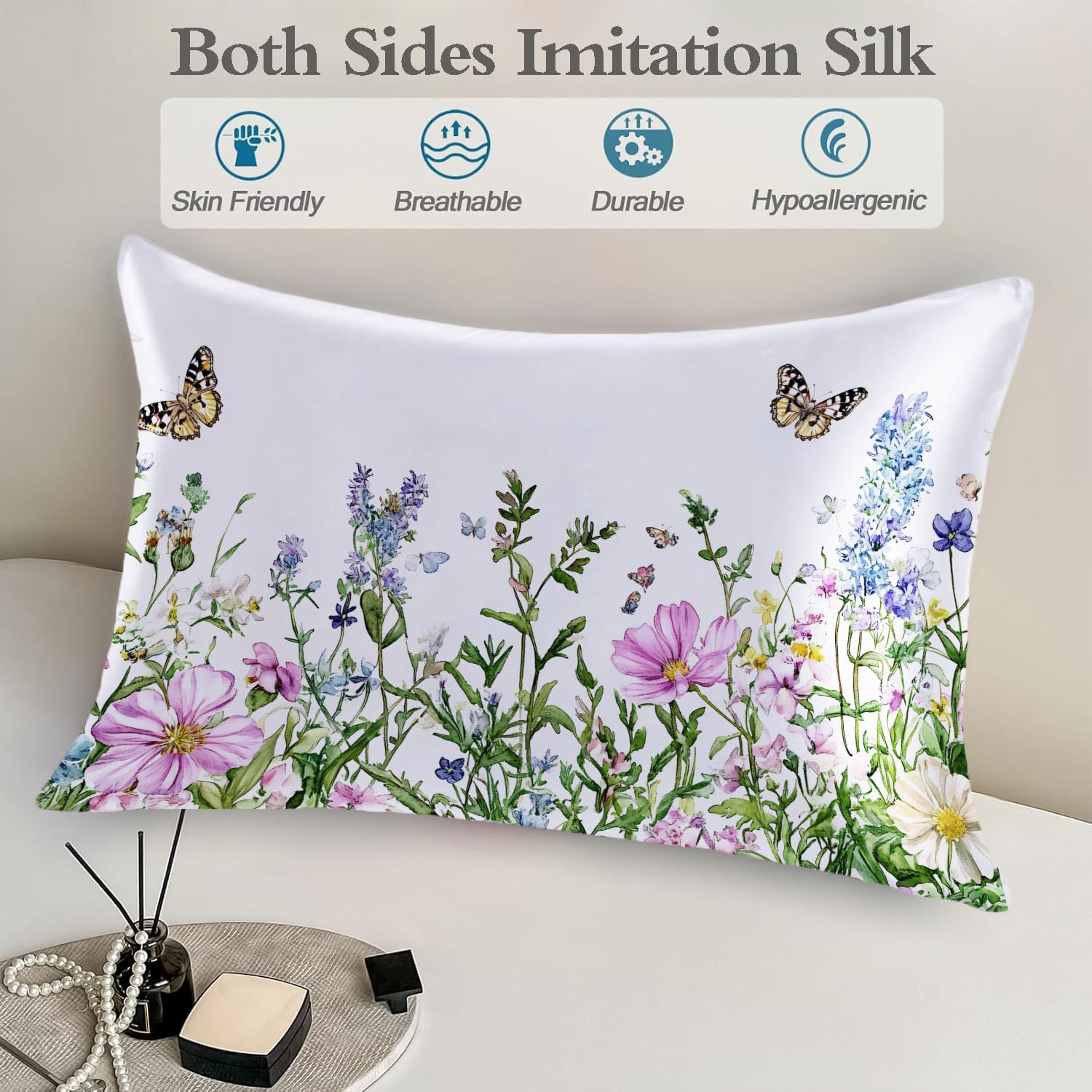 Satin Pillowcase for Hair and Skin Watercolor Wildflowers Butterfly Super Soft and Cooling Similar to Silk Pillow Case 1 Pack with Hidden…