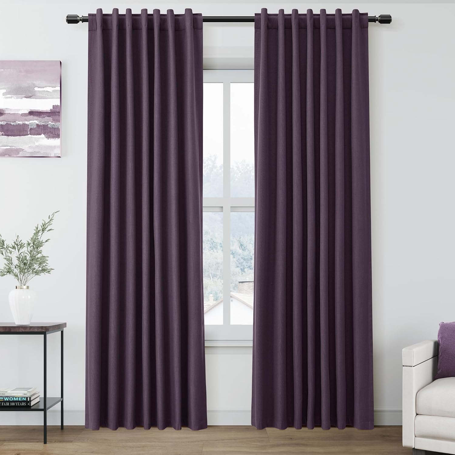 Nanspring Plum 100% Blackout Linen Curtains 84 Inch Length 2 Panels Set for Bedroom Back Tab Luxury Modern Boho Decor Black Out Curtain for…