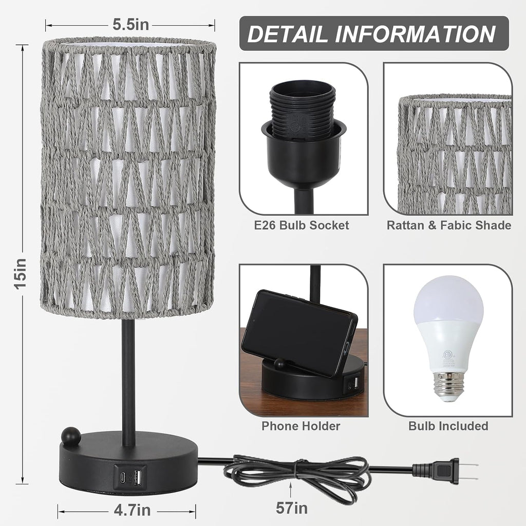 Touch Bedside Lamp For Bedroom with Bulb, Gray Boho Small Table Lamp For Living Room With Rattan & Linen Shade, 3 Way Dimmable Table Lamp…