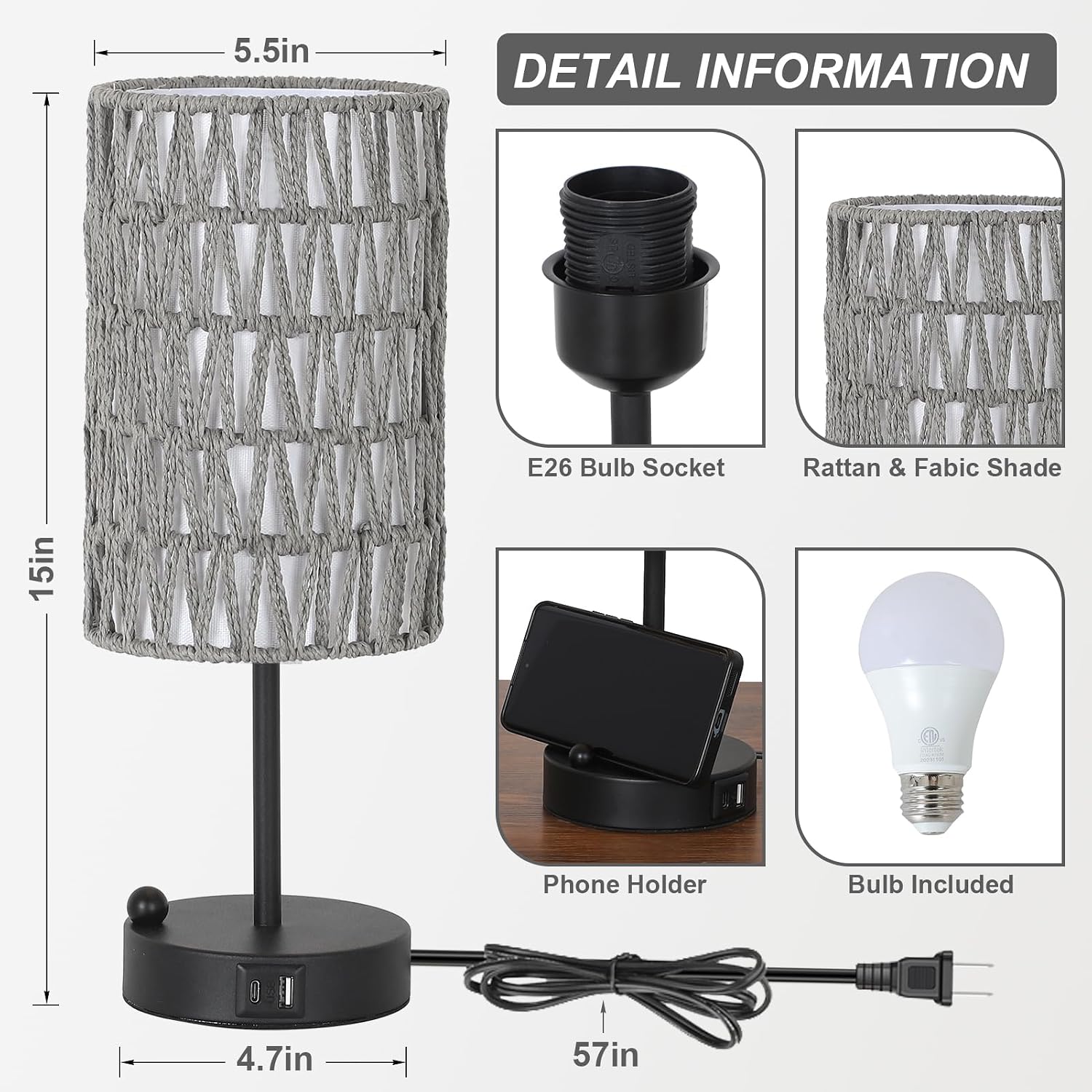 Touch Bedside Lamp For Bedroom with Bulb, Gray Boho Small Table Lamp For Living Room With Rattan & Linen Shade, 3 Way Dimmable Table Lamp…