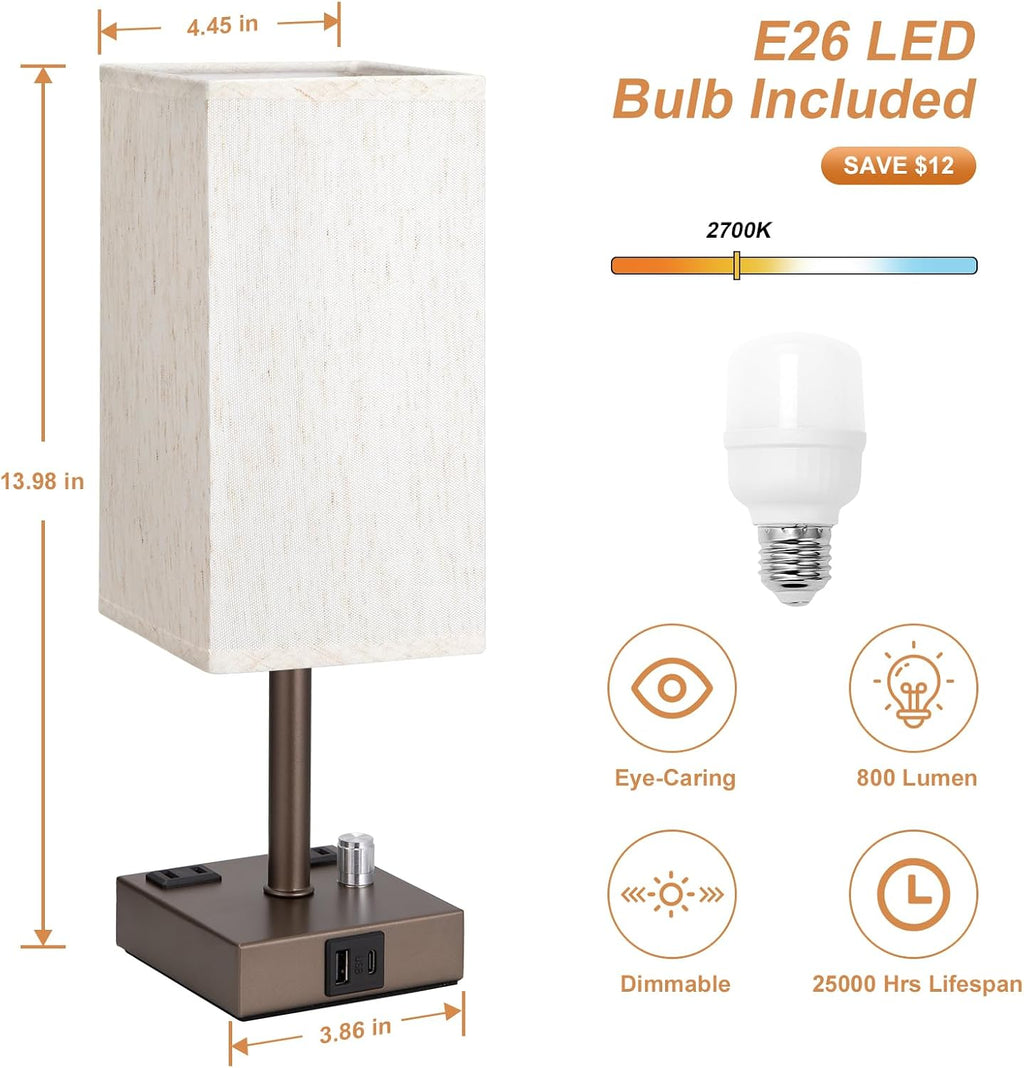 aooshine Brown Fully Dimmable Nightstand Lamps Set of 2 - Table Bedside Lamp with USB C+A Charging Ports & 2 AC Outlets, Square Lamp Sets…