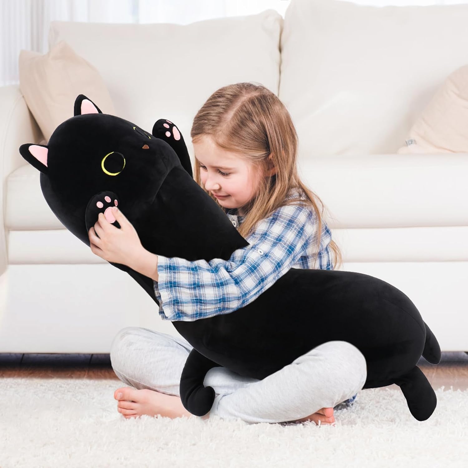 MaoGoLan Long Cat Body Pillow for Kids, 44'' Big Kitten Plush for Adults, Big Black Cat Stuffed Animal for Girl, Large Kitten Plush Throw…
