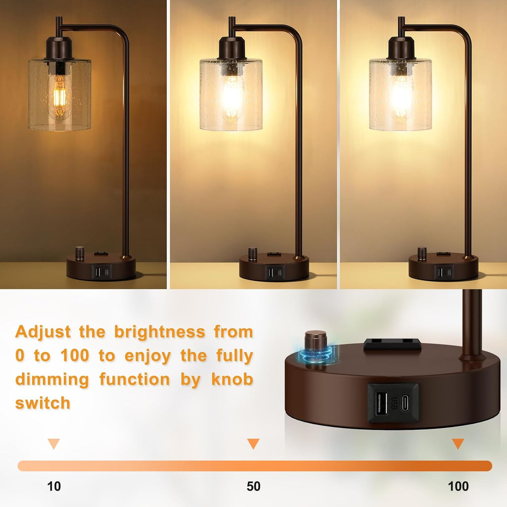 Innqoo Brown Industrial Bedside Table Lamp for Bedroom - Nightstand Lamps with USB C Charging Port, Fully Dimmable Black Ports and…