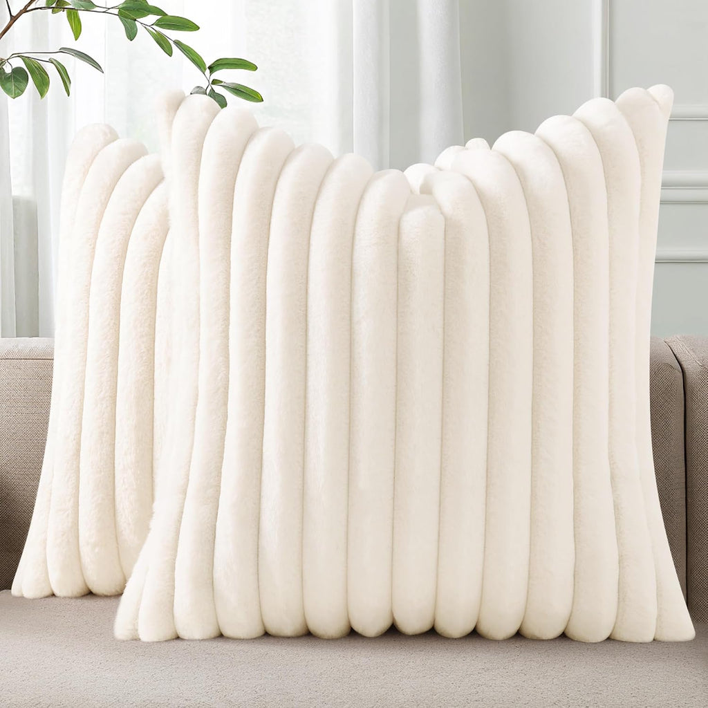 Pallene Faux Fur Plush Fall Throw Pillow Covers 24x24 Set of 2, Luxury Soft Fluffy Striped Decorative Pillow Covers for Sofa, Couch…