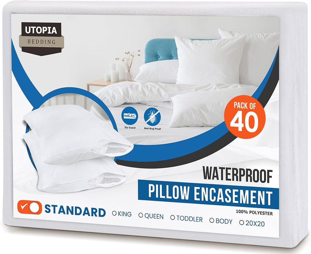 Utopiabedding Utopia Bedding 100% Waterproof Pillow Protectors with Zipper Standard Size (Set of 40), Bed Bug and Dust Mite Proof Zippered…