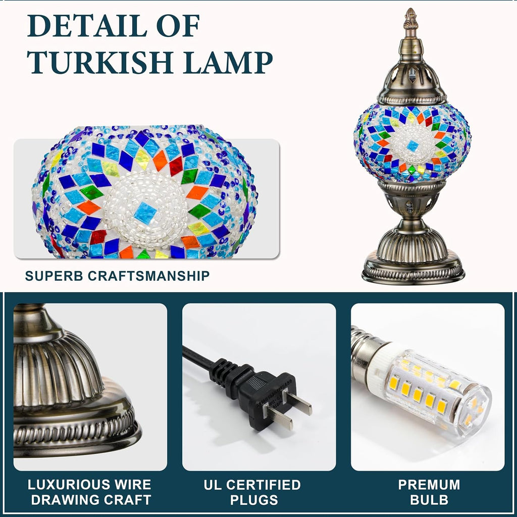 Marrakech Turkish Table Lamp with Bronze Base, Handmade Blue Moroccan Tiffany Style Mosaic Glass Night Stand Light Fixture Including LED…