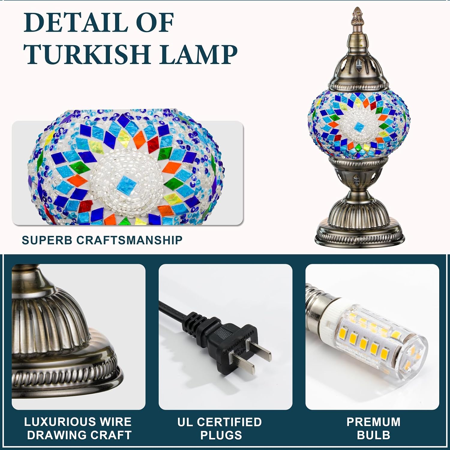 Marrakech Turkish Table Lamp with Bronze Base, Handmade Blue Moroccan Tiffany Style Mosaic Glass Night Stand Light Fixture Including LED…