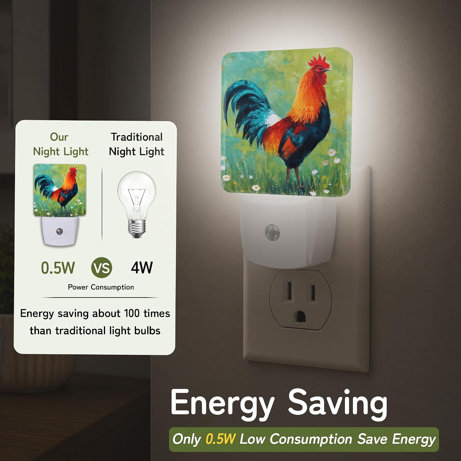 Farmhouse Rooster Night Light, Night Lights Plug into Wall with Dusk to Dawn Sensor for Bedroom Bathroom Hallway Kitchen, Decorative Gift…