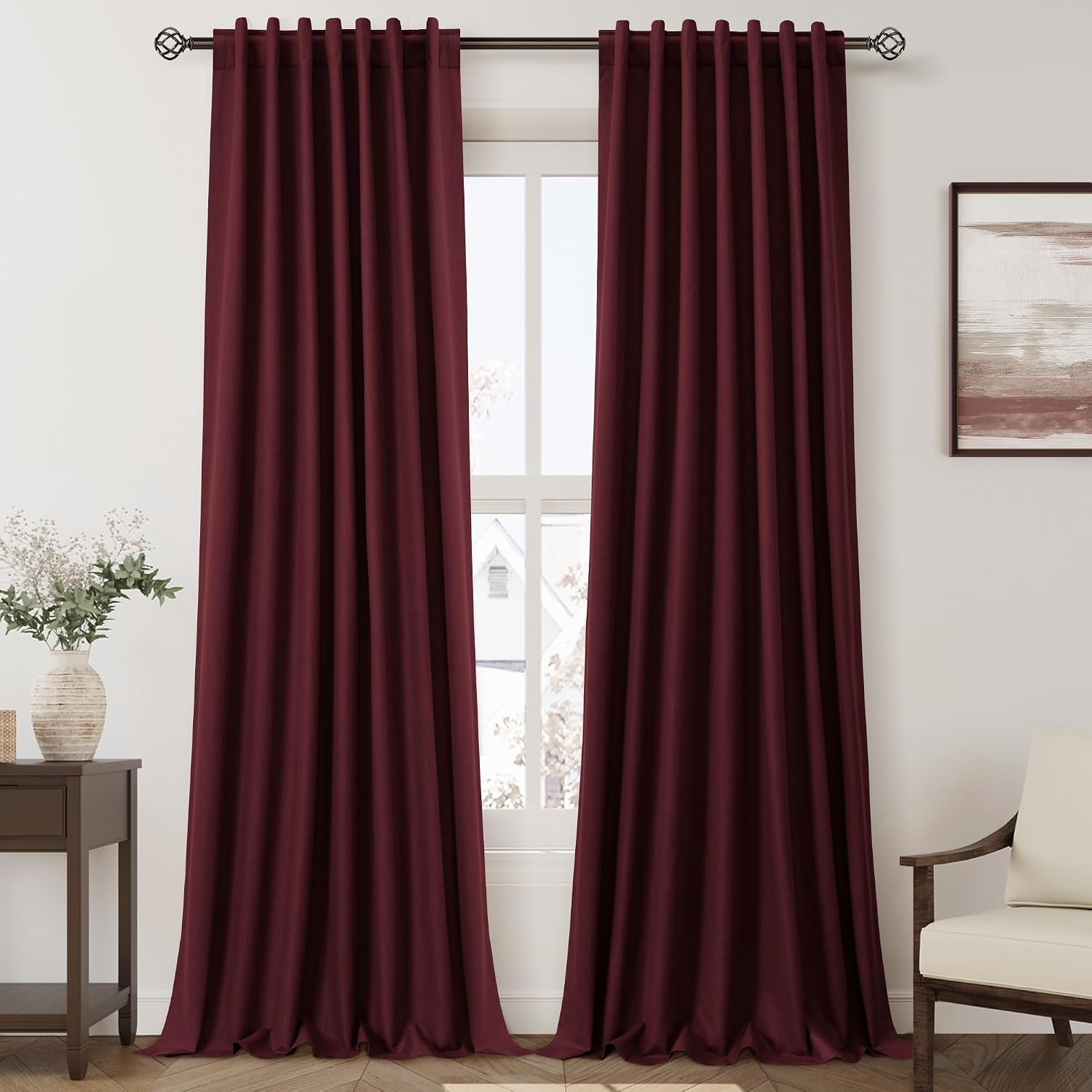 Nanspring Burgundy 100% Blackout Linen Curtains for Bedroom 90 Inches Long Back Tab Thermal Insulated Vintage Rustic Decor Black Out Curtai…