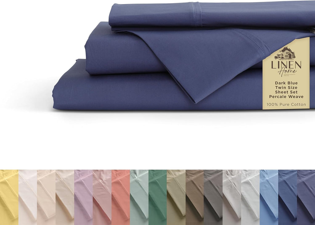 Linen Home 100% Cotton Percale Twin Sheets 3-Piece Set, Soft Breathable & Cooling Bed Linen, Deep Pocket 16", Crisp Hotel Quality, Dark Blue